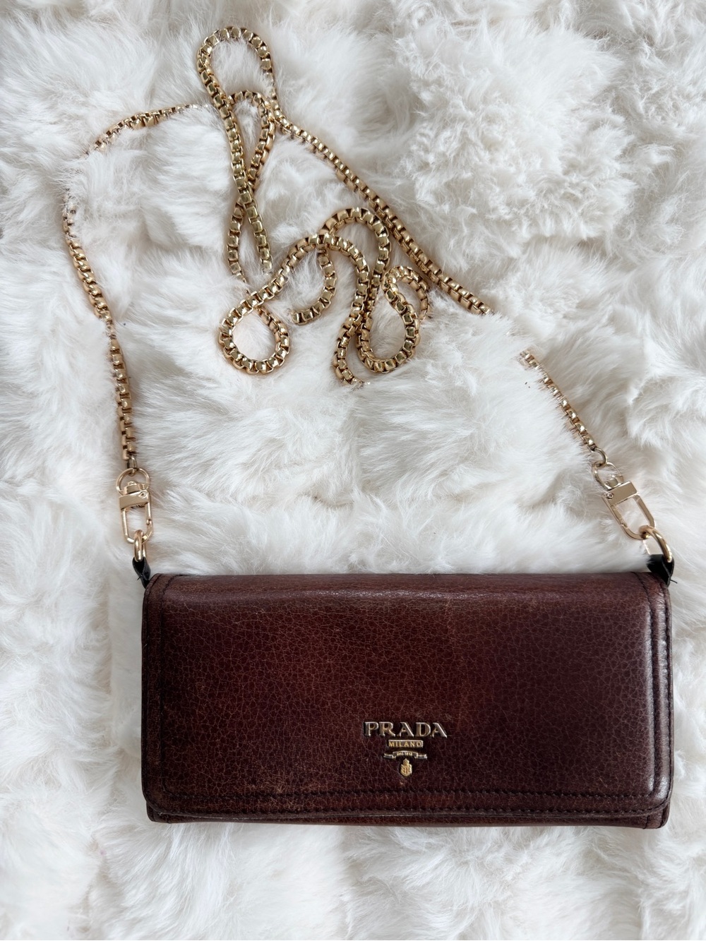 Authentic Prada Brown Leather Wallet w/ Gold Chain Insert